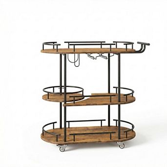 Rotating Rolling Serving Cart, Metal and Wood Home Bar Cart with Wheels for Kitchen Dining