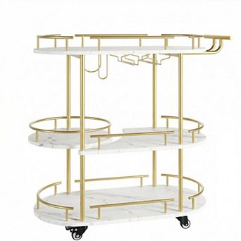 Rotating Rolling Serving Cart, Metal and Wood Home Bar Cart with Wheels for Kitchen Dining