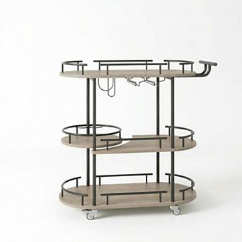Rotating Rolling Serving Cart, Metal and Wood Home Bar Cart with Wheels for Kitchen Dining