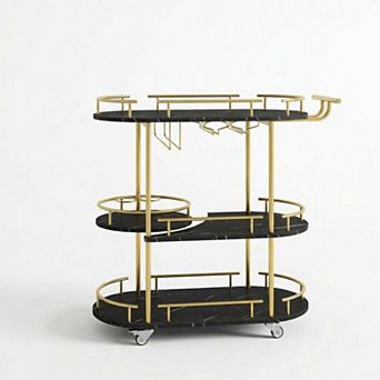 Rotating Rolling Serving Cart, Metal and Wood Home Bar Cart with Wheels for Kitchen Dining