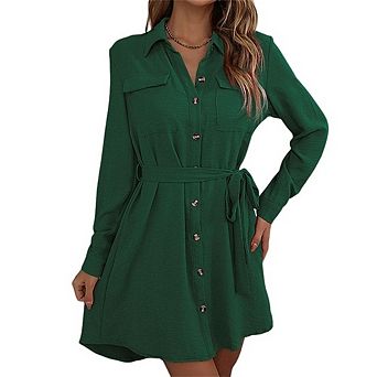 Women's Summer Casual Collared Long Sleeve Belted Shirt Dress
