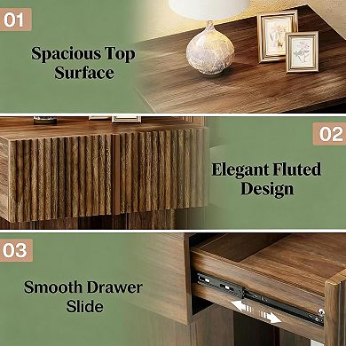 Aoolive Wooden Accent Table with Double Pedestal, Storage Side Table with Hidden Drawer