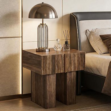 Aoolive Wooden Accent Table with Double Pedestal, Storage Side Table with Hidden Drawer