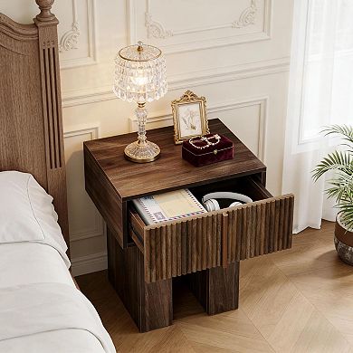 Aoolive Wooden Accent Table with Double Pedestal, Storage Side Table with Hidden Drawer