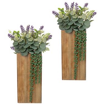 2 Wooden Wall Planters With Artificial Greenery