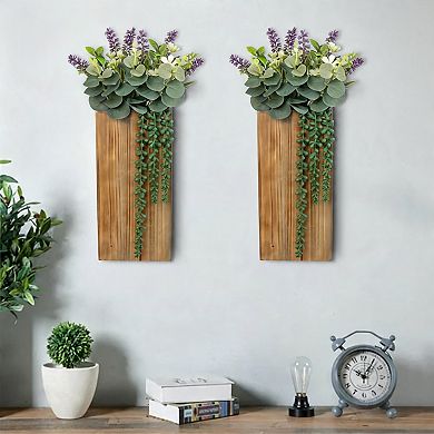 2 Wooden Wall Planters With Artificial Greenery