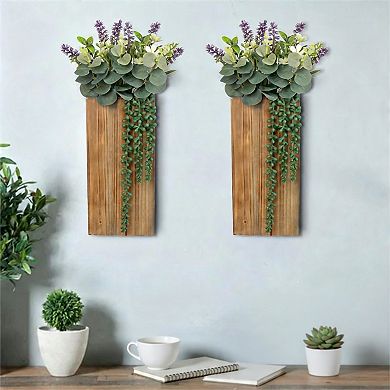 2 Wooden Wall Planters With Artificial Greenery