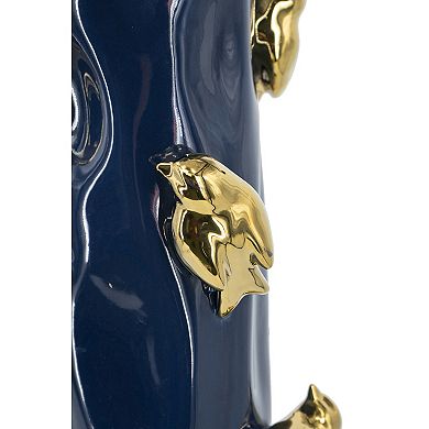 Aoolive Tree Branch Designed Vase with Gold Bird Accents, Blue Ceramic Vase