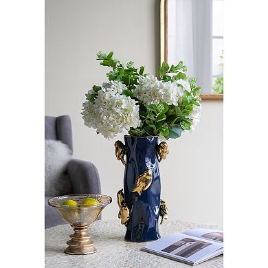 Aoolive Tree Branch Designed Vase with Gold Bird Accents, Blue Ceramic Vase