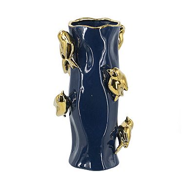 Aoolive Tree Branch Designed Vase with Gold Bird Accents, Blue Ceramic Vase