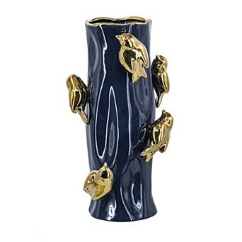 Aoolive Tree Branch Designed Vase with Gold Bird Accents, Blue Ceramic Vase