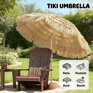 Aoolive Adjustable Outdoor Hawaiian Style Umbrella, Faux-Straw Designed Beach Parasol, No Base