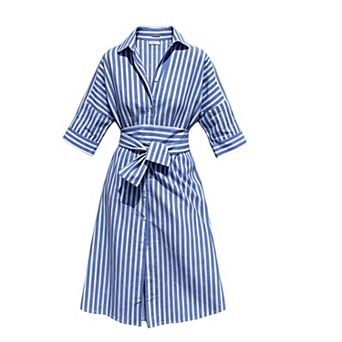 Women's Striped Shirt Dress - 3/4 Sleeve Button Down Midi Dress with Waist Belt