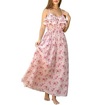 Women's Floral Spaghetti Strap Maxi Dress Ruffle Cross Back Flowy Long Sundress for Beach Vacation