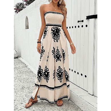 Women's Strapless Tube Top Jumpsuit Boho Print Wide Leg Palazzo Romper with Slit
