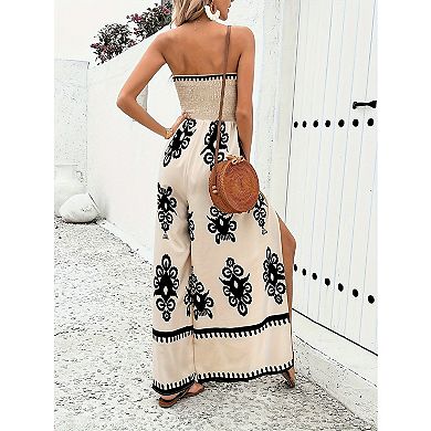 Women's Strapless Tube Top Jumpsuit Boho Print Wide Leg Palazzo Romper with Slit