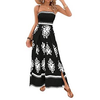 Women's Strapless Tube Top Jumpsuit Boho Print Wide Leg Palazzo Romper with Slit