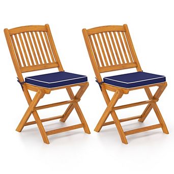 Outdoor Folding Chairs Set of 2 with Cushions Acacia Wood Patio Chairs