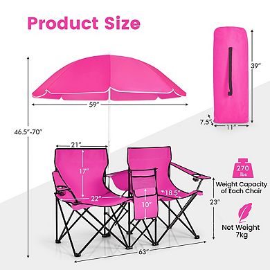 Portable Folding Double Camping Chair With Removable Adjustable Umbrella