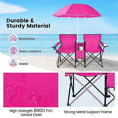 Portable Folding Double Camping Chair With Removable Adjustable Umbrella