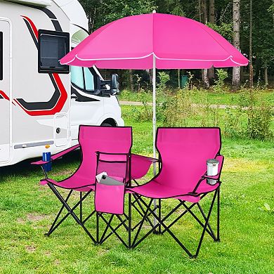 Portable Folding Double Camping Chair With Removable Adjustable Umbrella