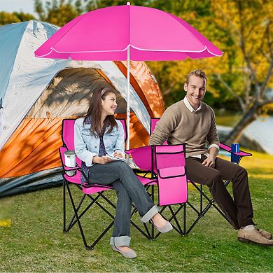 Portable Folding Double Camping Chair With Removable Adjustable Umbrella