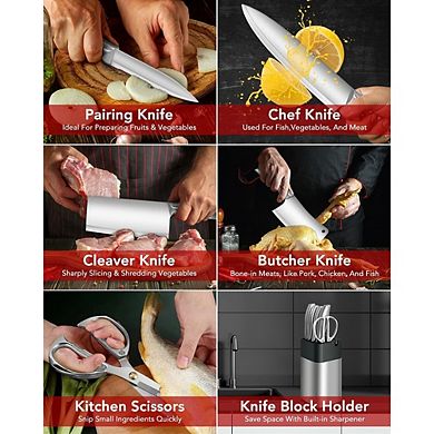 Chef Knife Set with Built-In Sharpener Stainless Steel Kitchen Knives