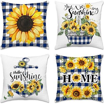 Sunflower Spring Pillow Covers Set of 4, Sunshine Blue Plaid Farmhouse Outdoor Decor