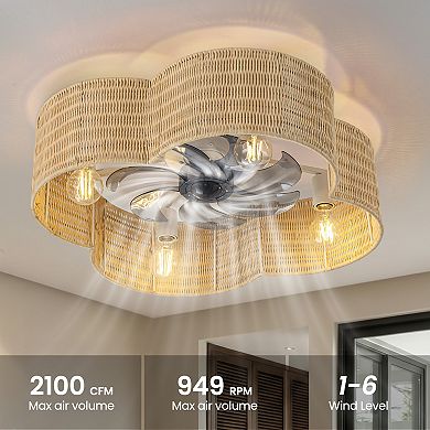 C Cattleya 23.75-Inch 7-Blade Rattan Flower Shaped Ceiling Fan with Light and Remote Control