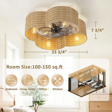 C Cattleya 23.75-Inch 7-Blade Rattan Flower Shaped Ceiling Fan with Light and Remote Control