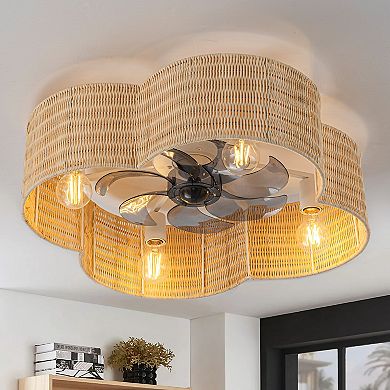 C Cattleya 23.75-Inch 7-Blade Rattan Flower Shaped Ceiling Fan with Light and Remote Control