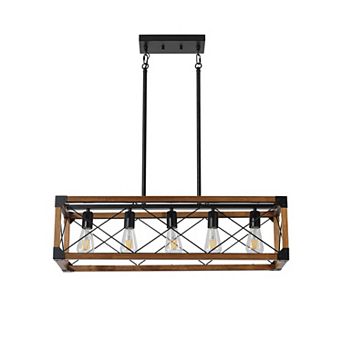 32" Walnut Industrial Farmhouse Rectangle Pendant Light, 5-Light Chandelier
