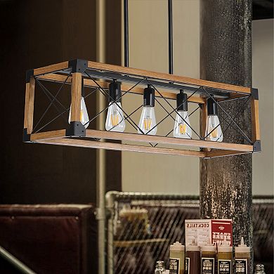 32" Walnut Industrial Farmhouse Rectangle Pendant Light, 5-Light Chandelier