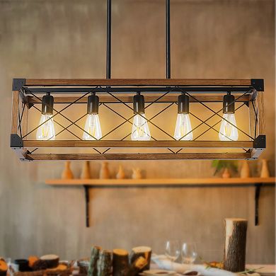 32" Walnut Industrial Farmhouse Rectangle Pendant Light, 5-Light Chandelier