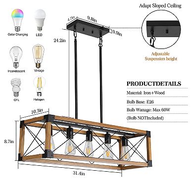 32" Walnut Industrial Farmhouse Rectangle Pendant Light, 5-Light Chandelier