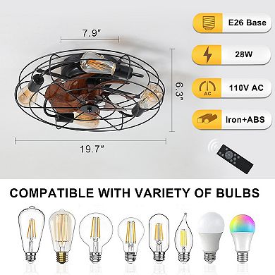 20'' Caged Ceiling Fan With Light, Low Profile Ceiling Fan With Remote Control and 4x E26 Bulb