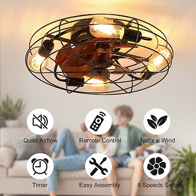 20'' Caged Ceiling Fan With Light, Low Profile Ceiling Fan With Remote Control and 4x E26 Bulb