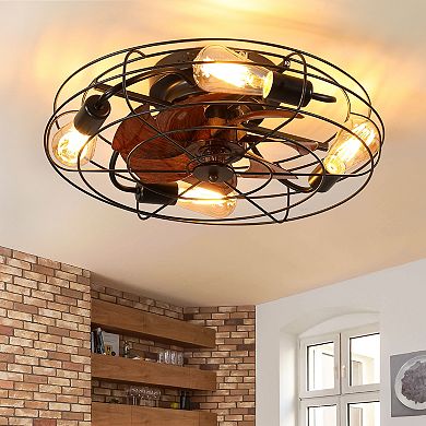 20'' Caged Ceiling Fan With Light, Low Profile Ceiling Fan With Remote Control and 4x E26 Bulb
