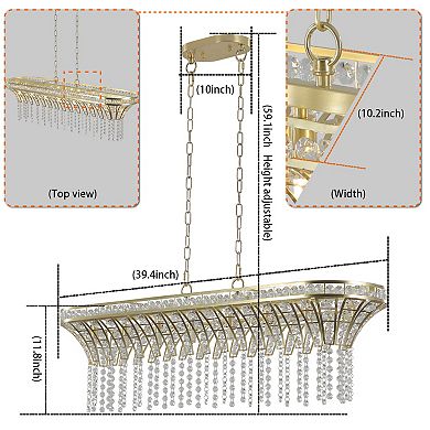 39" Crystal Linear Rectangle Chandelier, Pendant Light with Cascading Beads (Bulb Not Included)