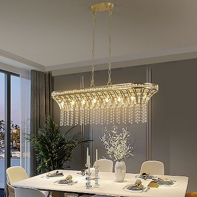39" Crystal Linear Rectangle Chandelier, Pendant Light with Cascading Beads (Bulb Not Included)