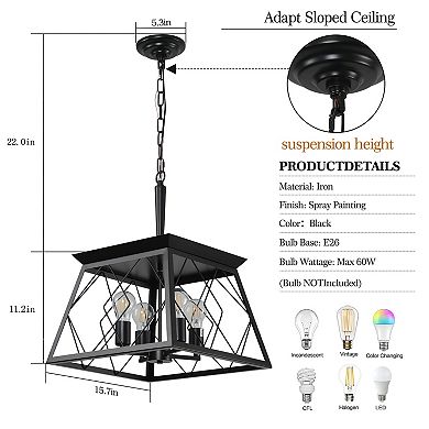16" Industrial 4-Light Metal Cage Design Pendant Chandelier, Adjustable Hanging Light (No Bulbs)