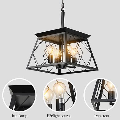 16" Industrial 4-Light Metal Cage Design Pendant Chandelier, Adjustable Hanging Light (No Bulbs)
