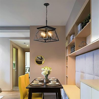 16" Industrial 4-Light Metal Cage Design Pendant Chandelier, Adjustable Hanging Light (No Bulbs)