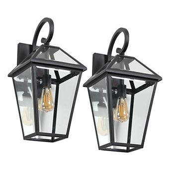 2 pc Outdoor Wall Lantern Light, Modern Black Metal & Clear Glass Sconce (Bulb Not Included)