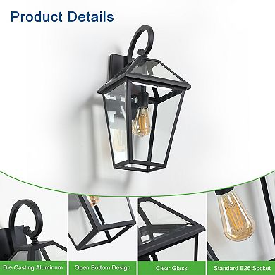 21" Outdoor Wall Lantern Light, Modern Black Metal & Clear Glass Sconce (Bulb Not Included)