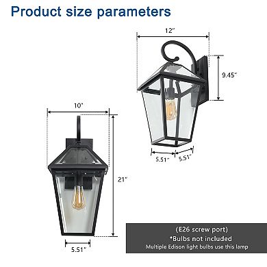 21" Outdoor Wall Lantern Light, Modern Black Metal & Clear Glass Sconce (Bulb Not Included)