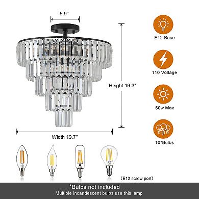 20" Black Crystal Chandelier Ceiling Light, 10-Light Flush Mount Light Fixture (No Bulbs)