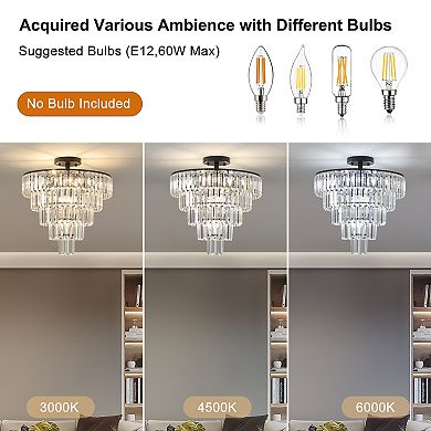 20" Black Crystal Chandelier Ceiling Light, 10-Light Flush Mount Light Fixture (No Bulbs)