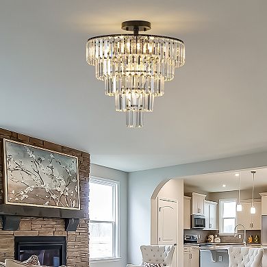 20" Black Crystal Chandelier Ceiling Light, 10-Light Flush Mount Light Fixture (No Bulbs)