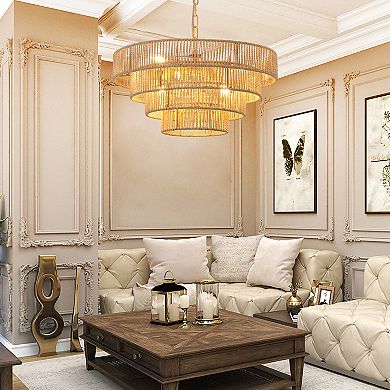20" Boho Style 4-Layer Woven Hemp Rope Chandelier, Pendant Light, Hanging Light Fixture (No Bulbs)